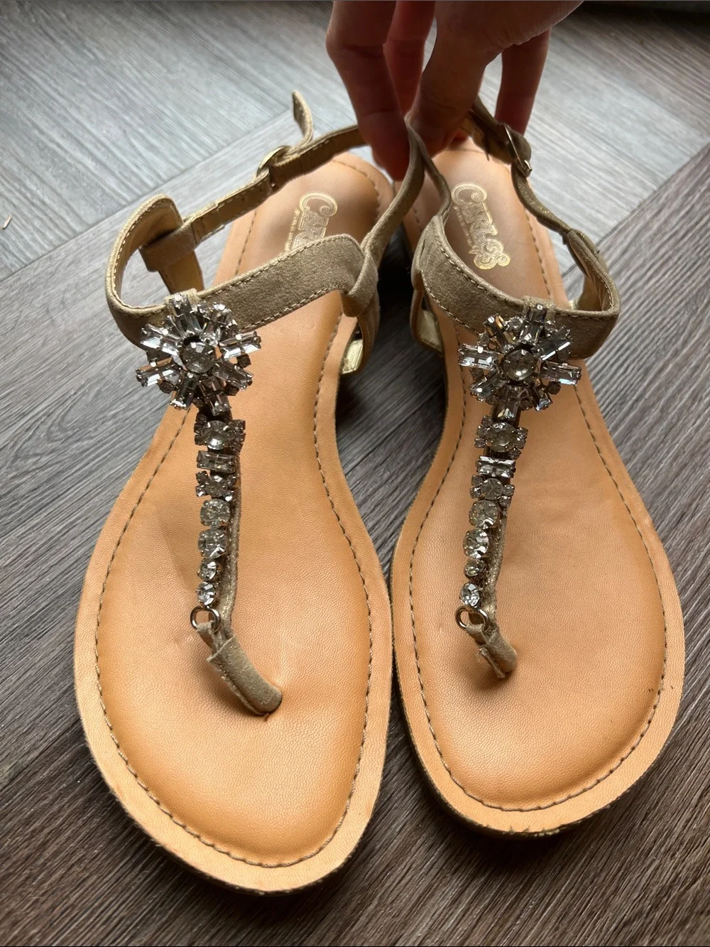 Gold Embellished T-Strap Sandals with Crystal Accents Size 8M
